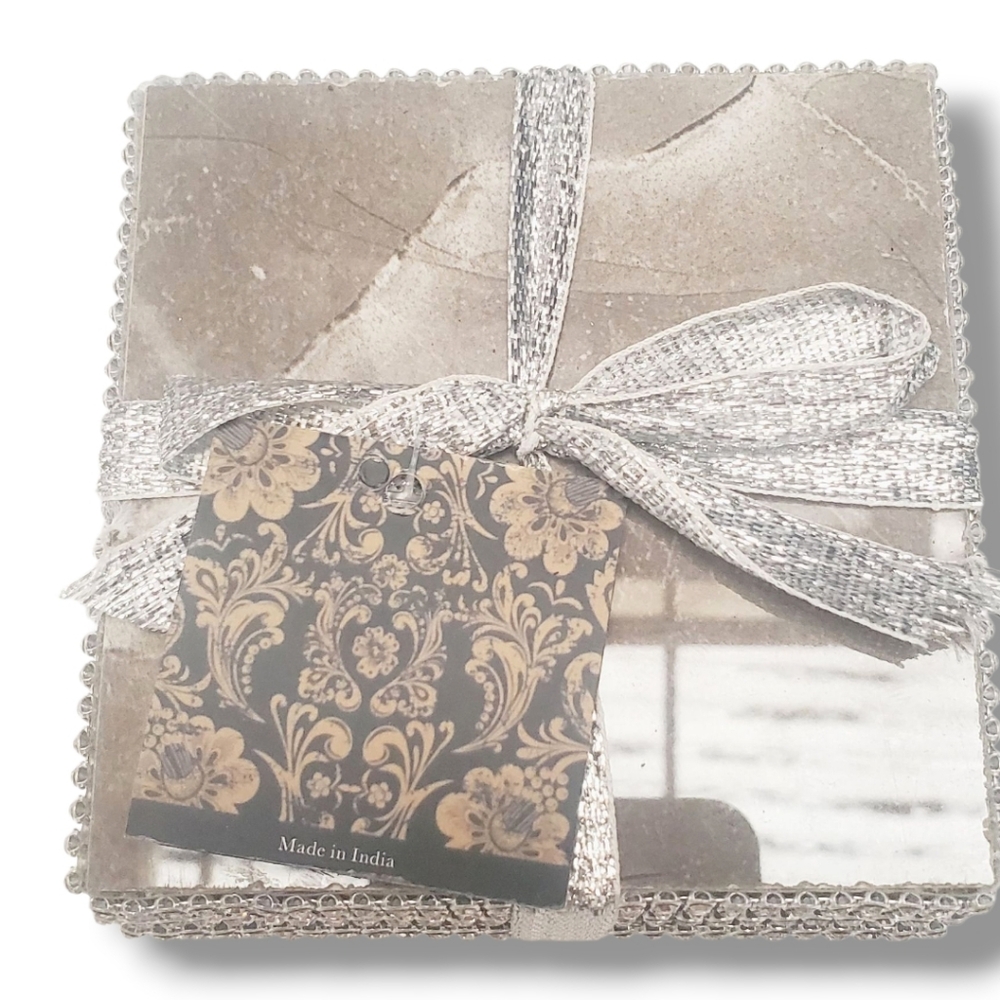 New Christian Siriano New York Beaded Edge Coasters Set of 4 Elegant Gray Marble